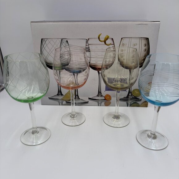 Allegro set 4 Balloon Wine Glasses Hand-Etched 18oz capacity Multicolor design - Picture 2 of 8